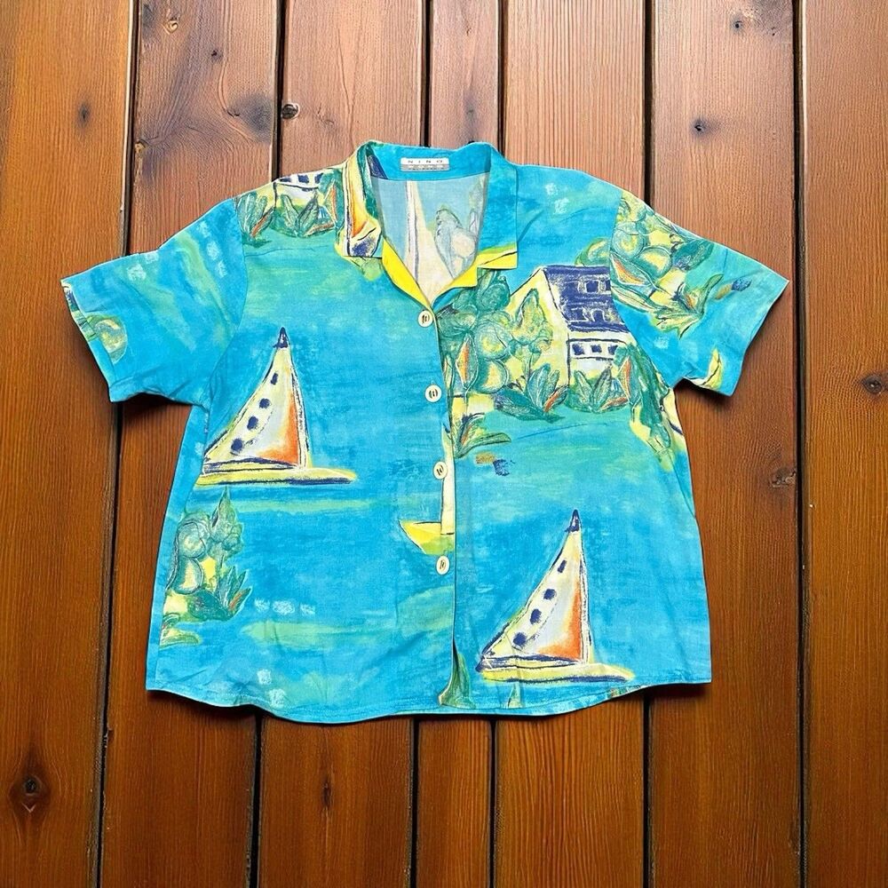 Vintage Women’s‎ L Aloha Shirt Coastal Cruise Tropical Sailboat Resort Nautical
